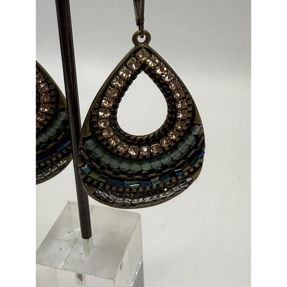 Boho Beaded Teardrop Dangle Earrings Bronze Tone Mixed Media - Picture 5 of 7